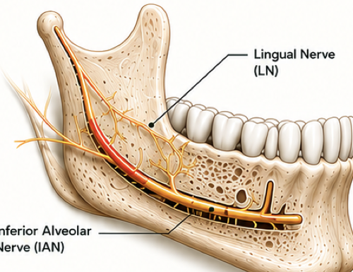 Anatomical illustration of the inferior alveolar nerve and lingual nerve within the lower jaw